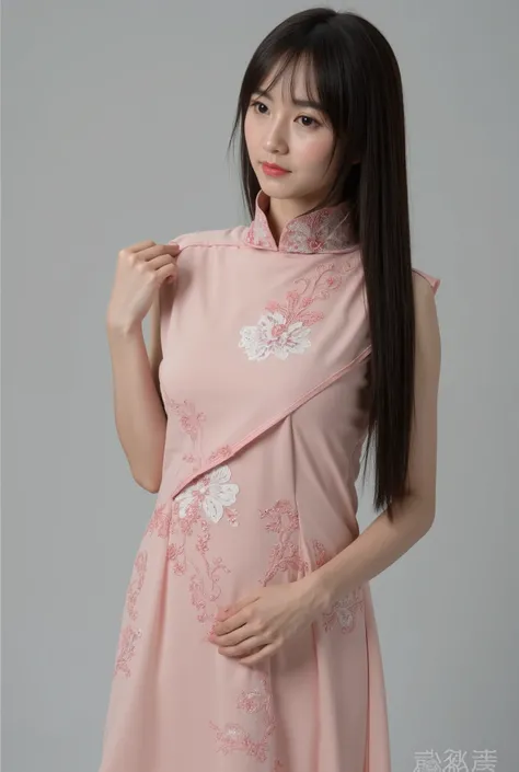 Chinese Cheongsam，Tang Sancai style，girl，Northern Europe，White skin，Extra long hair，Black Hair，Straight Hair
