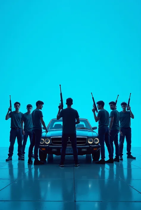 7 armed young men around the car with a blue background 