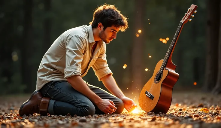 A young man in his late 20s with short, slightly wavy dark brown hair, light stubble, and warm brown eyes kneels on the ground, staring at a shattered wooden acoustic guitar in front of him. His white button-up shirt with rolled-up sleeves, dark jeans, and...