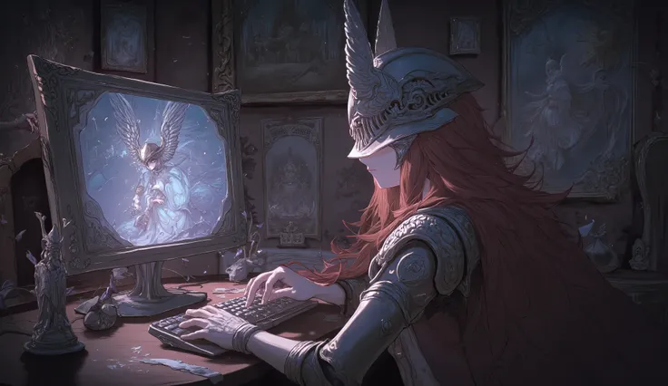 just a super cool elden ring thumbnail. I want an 18+ anime girl playing on mouse and keyboard to some elden ring while her room is full of elden ring decorations. can she also be wearing elden ring armor?