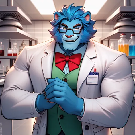 Cornelius fellow scientist and lion man meets Beast in Xmen laboratory.  score_9, score_8_up, score_7_up,   XBeast, solo, bara, blue fur, blue hair, glasses, lab coat, smile.  Cornelius is a Medium muscular, lion, brown, light brown lion, feline, lion ears...