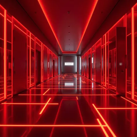 Una habitación futurist, minimalist, very beautiful and opulent, There are lines of red neon lights across the floor ,  the floor is made of an intelligent technological material. high illumination,  high definition, futurist.