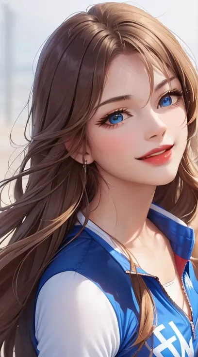 woman smiling, long hair golden brown, normal, she is solo, from alternative world ,best quality, realistic, cycling full (blue black) colors suit and cycling sports shorts, she is stand , red lipstick