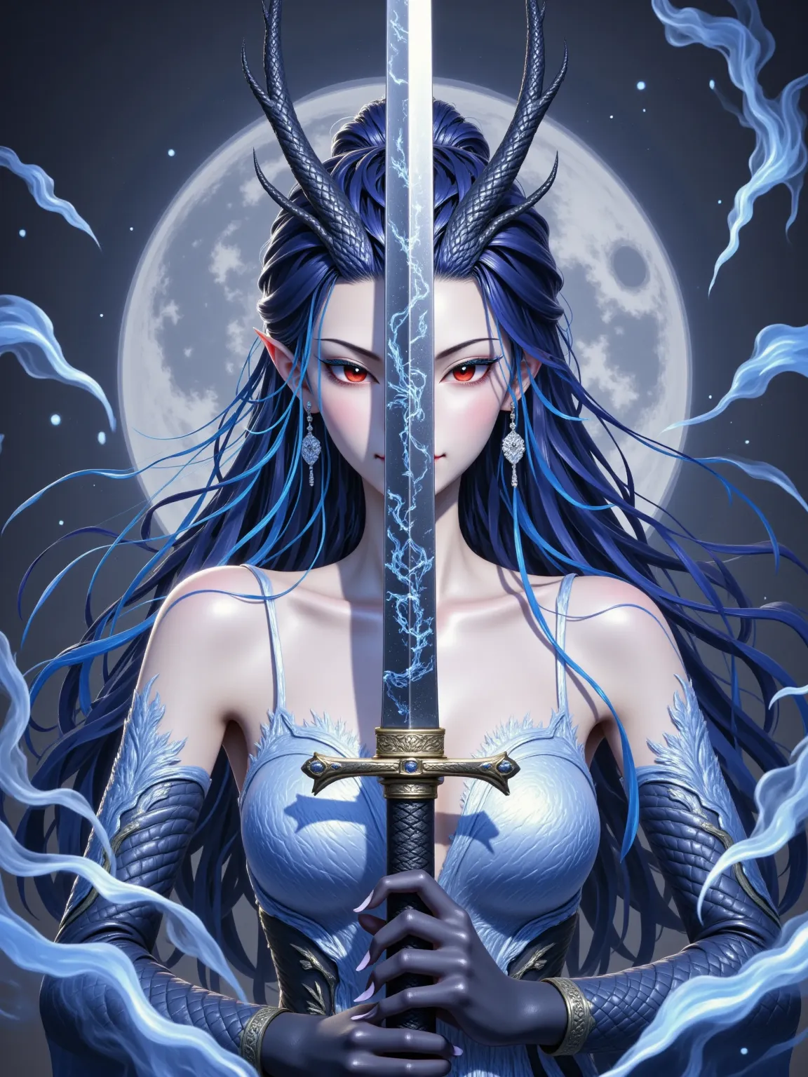 Aorun, Long dark blue hair, a pair of dragon horns on the head, masterpiece, ultimate detailed, tiny finnest details, Fierce japanese female warrior is holding a reflective shiny (katana:1.3) in front of her face, (an ancient mythical Japanese demon is ref...