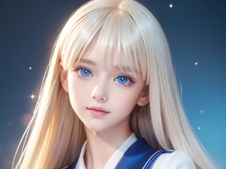  portrait、 school uniform、very beautiful super long platinum blonde silky hair、 ponytail、 Young, shiny, shiny white shiny skin 、Great looks、 Goldの反射光、Platinum blonde hair with highlights、 shiny bright hair ,、Smooth, super long, straight hair、輝く美しいbangs、lar...