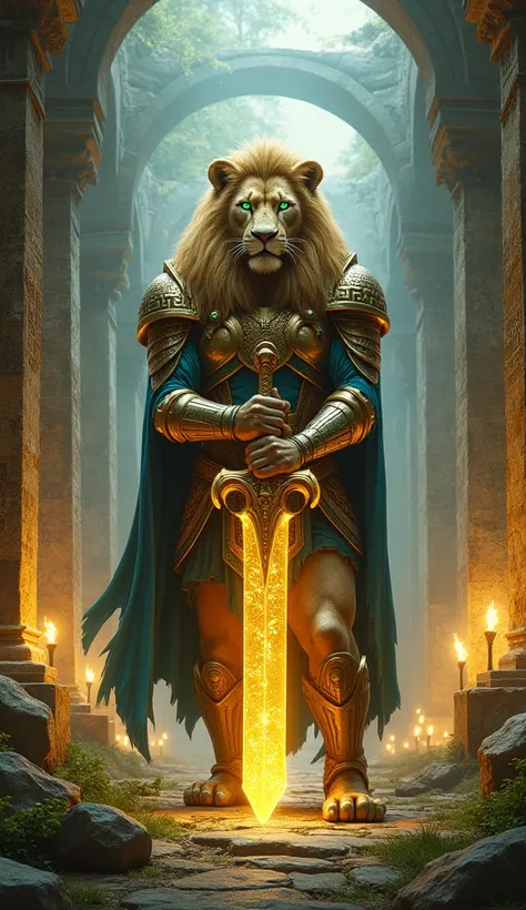 “A majestic warrior lion stands in an ancient ruined temple, surrounded by columns carved with mystical inscriptions. His golden and blue armor gleams under the light of sacred torches, while his green eyes glow with divine power. In his hands he holds a g...