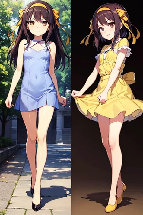 1girl, 2arms, 2legs, 4fingers and 1thumb on each hand, 1hand on each arm, 1arm on each shoulder, 1foot on each leg, full body view, Suzumiya Haruhi, short brown hair, brown eyes, wears a yellow ribbon, wears a silk fairy dress, slipper on each foot, feelin...