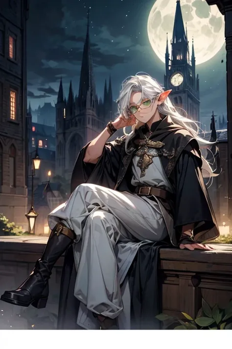 Male elf, long white hair, with round glasses, green eyes, adventurer, black mage fantasy outfit, fantasy, night, medieval village, traveler, femboy, one person, sitting