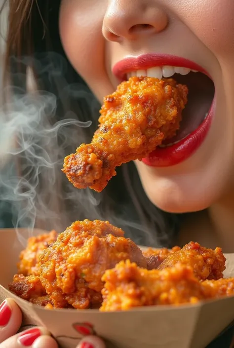 （ Masterpiece, top quality:1.2),side shot of One Woman's face（rich red lipstick ,eating Spicy fried chicken with her hand,beautiful hand, clean nail,beautiful skin), ultra detailed the spicy fried chicken ,(steam) from the chicken,Focus on the chicken,(clo...