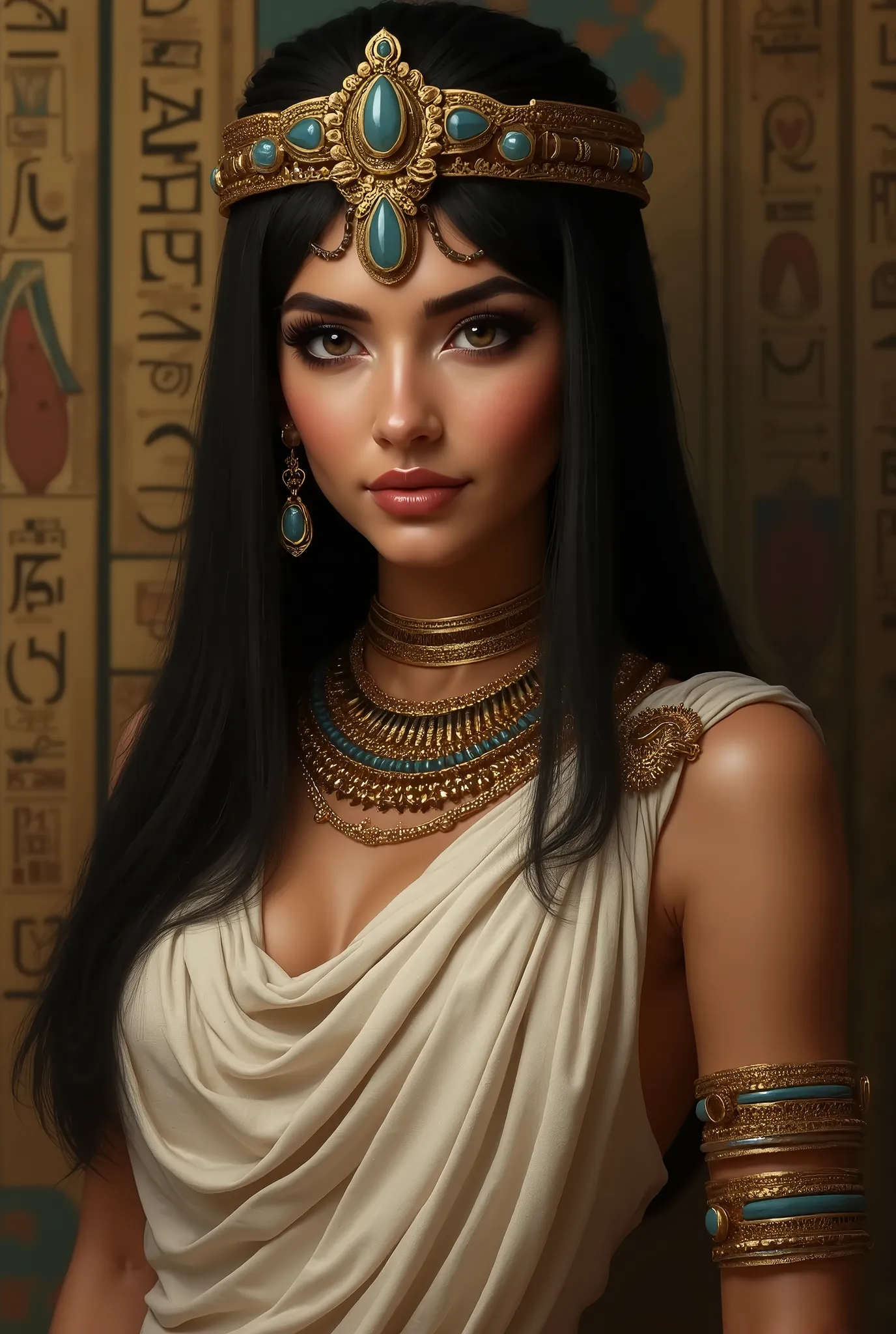  Create a realistic image of Queen Cleopatra VII of Egypt ,  presenting her with fair skin and Egyptian features ,  including a thin nose and full lips .  Her eyes must be large and prominent ., accented with dark eyeliner ,  reflecting ancient Egyptian ae...