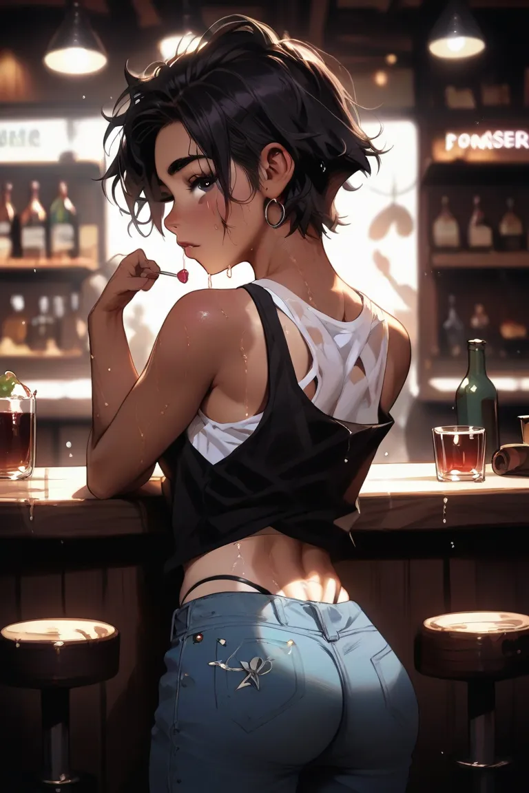 Anime,woman,tomboy,tanned,detailed eyes,long eyelashes,short hair,dark hair,fit,tank top,seductive look,at a bar,jeans pulled down,shy,flashing ass,sexy lacy thong,wet,spreading asscheeks,pov