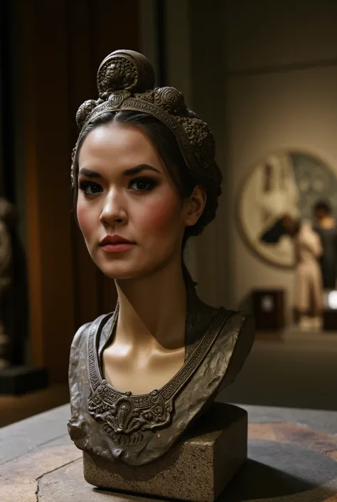 (((Realistic Masterpiece bust statue on the table))) a beautiful indonesian woman in the museum