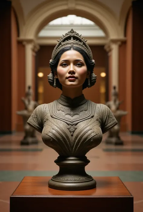 (((Realistic Masterpiece bust statue on the table))) a beautiful indonesian woman in the museum