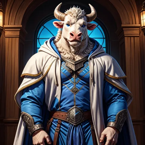 Thokker indigo blue costume  (   tall and large albino bull with blue eyes),   hooded jacket for men , , gentleman style   ,   dark armor,  Shining horns  ,   fully dressed   