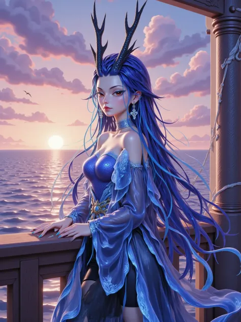 Aorun, Long dark blue hair, a pair of dragon horns on the head, a picture of figures, Depicts a fantasy female pirate captain looking at the sea at sunset in a moment. Leaning on the ship's railing, The expression is thoughtful, Vibrant sunset sky reflecte...