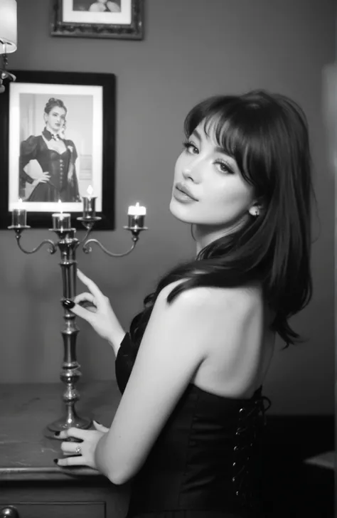 arafed woman in a black corset, a candelabra in front of a picture, black and white picture, vintage noir, a black and white photo, b&w photo, "black nail polish"