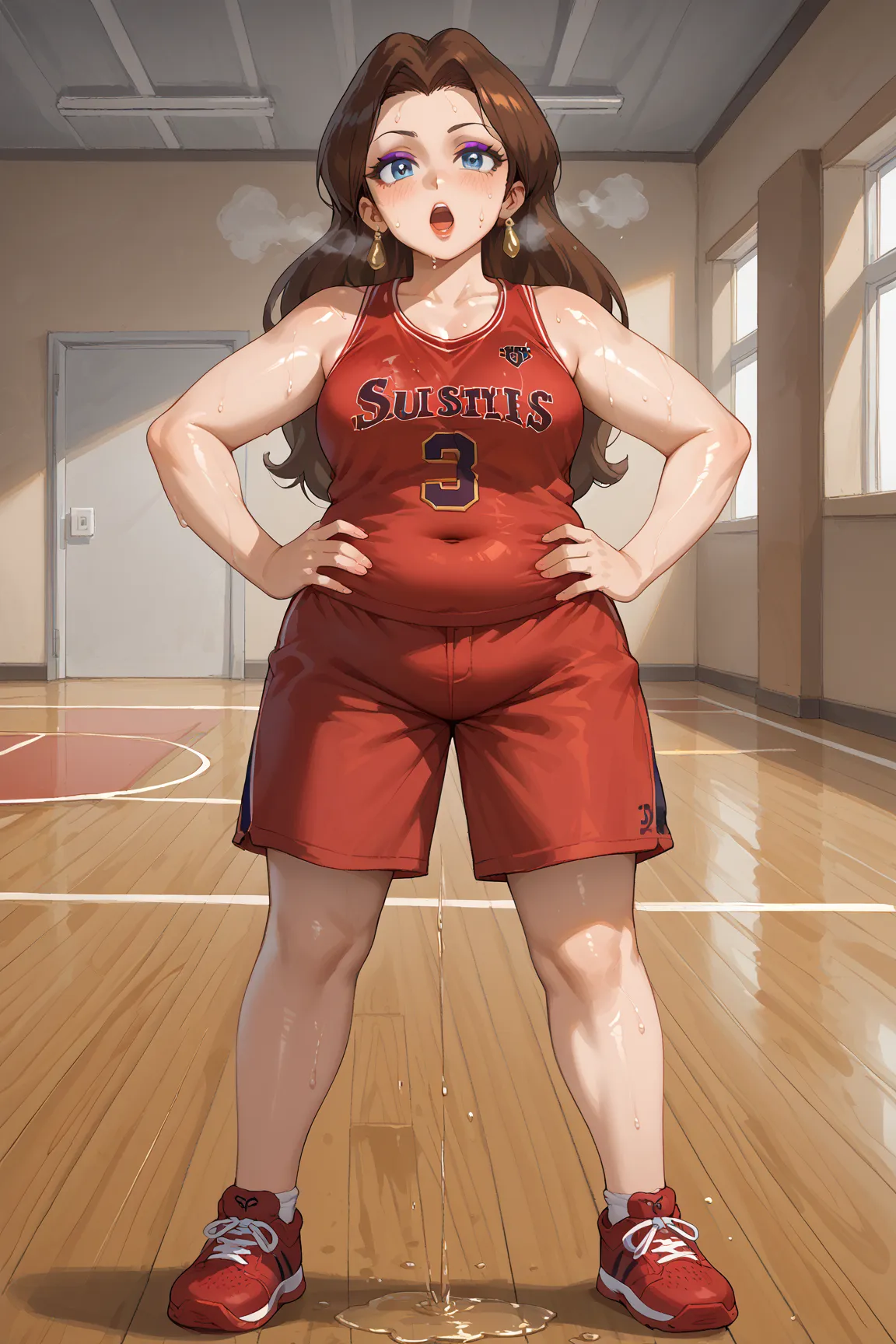 score_9, score_8_up, score_7_up, BREAK, 1girl, solo, pauline, 1girl, solo, brown hair, long hair, jewelry, makeup, casual, cowboy shot, blue eyes, looking at the viewer, large breasts, hand on hips, red tanktop, sweaty, red shorts, sweating profusely, open...