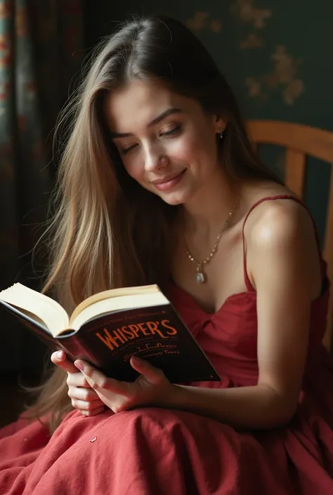 A 21-year-old girl with long hair reading a romance book called Whispers in a queen dress