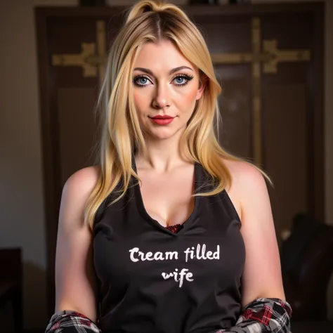 A photorealistic, ultrarealistic, Photography image of a sexy JustAMinx, long hair tied up and making a blonde ponytail, blue eyes, her massive breasts are barely covered by a black cloth tiny apron with the text "Cream-filled wife"