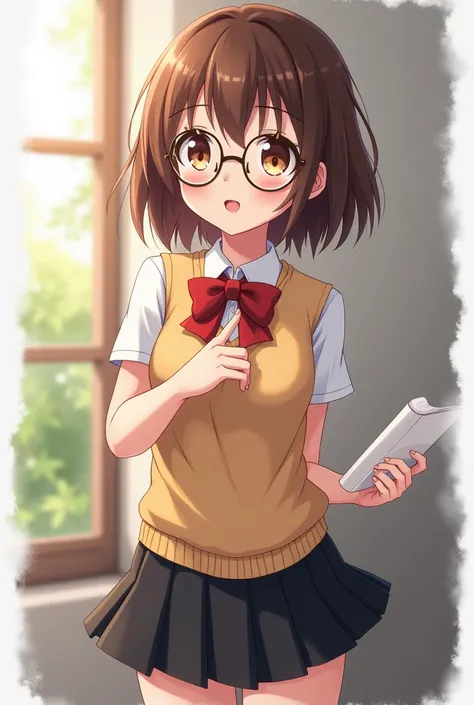  A Girl,  anime style, nerd girl,  round glasses,  brown hair,  golden eyes,  fair skin, women's schoolwear ,  black skirt.
