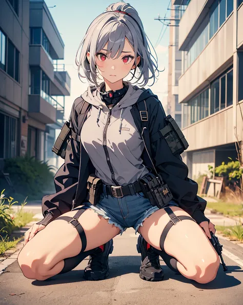  tactical anime-style adult female soldier wearing tactical gear with a fleshy, glamorous figure。 with short silver hair tied in a ponytail with a navy hair band 、 has red eyes 。Has an impatient expression。 equip it with black tactical armor over a gray ho...