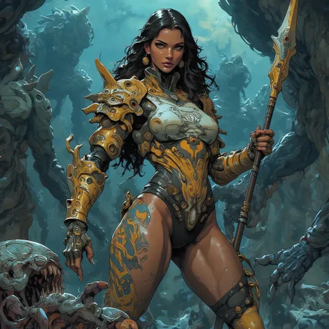 - Main Character, Adult Female "El Salvador", Beautiful, Tall, Long Legs, Long Curly Hair, Brownish Black.

- Wearing a costume ("Full Sexy Armor").
Chest and Thigh Armor are slightly open.
Futuristic Costume Design, Detailed sea creature scales are clearl...