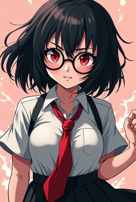  A Girl,  anime style, Bully girl ,  round glasses,  black hair,  red eyes,  fair skin, women's schoolwear ,  black skirt.
