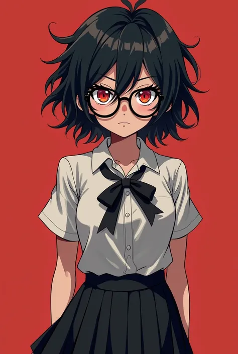  A Girl,  anime style, Bully girl ,  round glasses,  black hair,  red eyes,  fair skin, women's schoolwear ,  black skirt.
