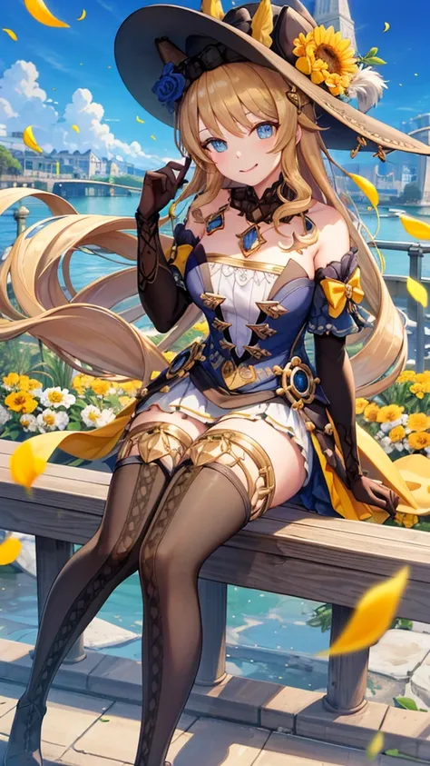 a beautiful girl in black feathered hat, black thigh-highs, gloves, and boots, standing in a gorgeous city street, smiling with her mouth open under the bright sun, gentle breeze, yellow flower petals, sunshine-like smile, sitting on a bridge, blue sky