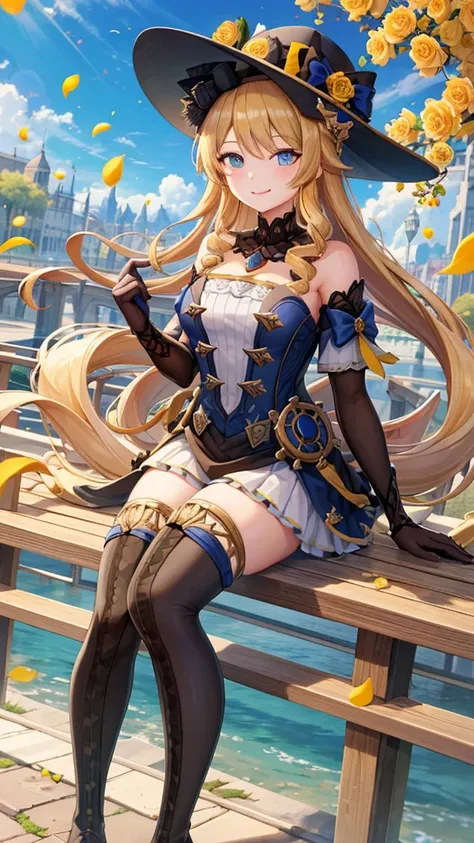 a beautiful girl in black feathered hat, black thigh-highs, gloves, and boots, standing in a gorgeous city street, smiling with her mouth open under the bright sun, gentle breeze, yellow flower petals, sunshine-like smile, sitting on a bridge, blue sky