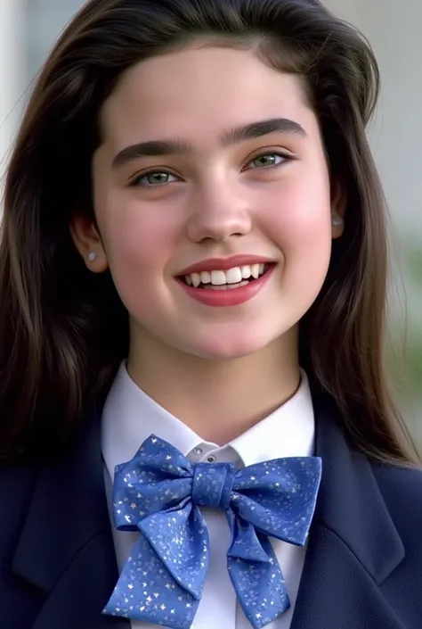 ( masterpiece,  top quality:1.3),  1 girl,  alone, 
 has a well-groomed high school uniform and 、 wears a spotless shirt and a sparkling blue bow tie.,
15-year-old young Jennifer Connelly , 
  but a precocious female body  ,
 no makeup, Perfect white skin,...