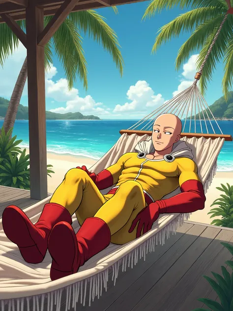 ((A Saintama Onepuchman))  ((a super detailed image)) (( fringe)) (( super detailed)) ((Beach house )) (( Saitama in a hammock na Beach house )) (( Saitama in a hammock ))    realistic anime style, The clothes must be the ones the character wears as a hero