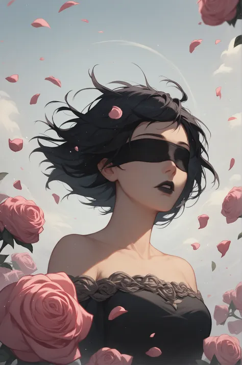 score_9, score_8_up, score_7_up, 1girl, black lips, blindfold, black dress, open shoulders, wreath of pink roses on the head, short black hair, among flying particles, strong wind, dynamic angle, upper body