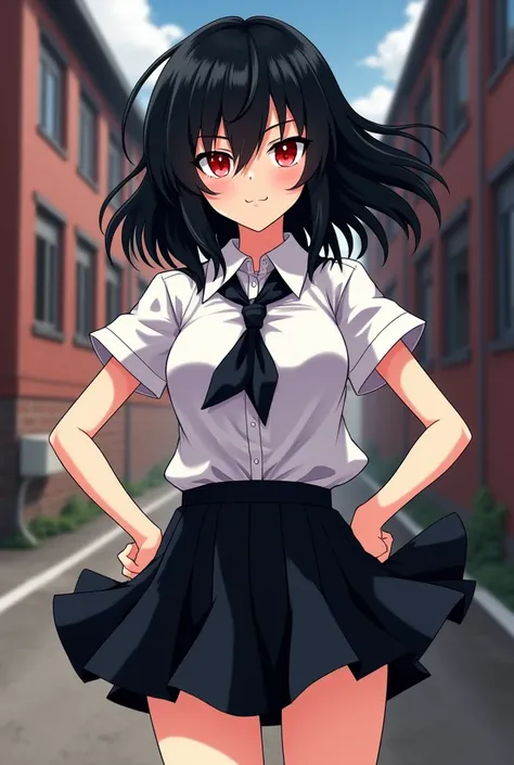  A Girl,  anime style, Bully girl ,  black hair,  red eyes,  fair skin, women's schoolwear ,  black skirt.
