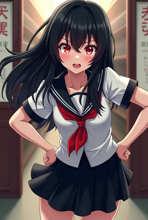  A Girl,  anime style, Bully girl ,  black hair,  red eyes,  fair skin, women's schoolwear ,  black skirt.
