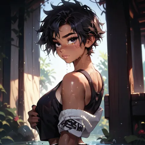 Anime,woman,tomboy,tanned,detailed eyes,long eyelashes,short hair,bubble butt,big tits,dark hair,fit,tank top,seductive look,,shy,sexy lacy thong,wet,groped by little 