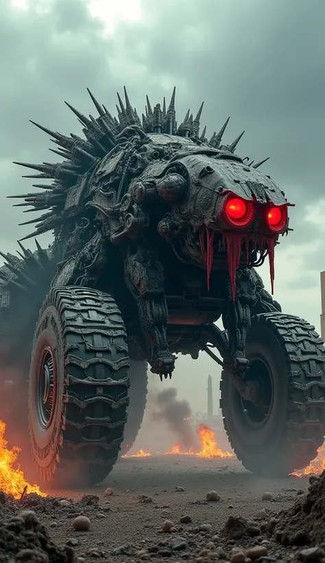 A monstrous hybrid of a giant armored car and a massive battle-cycle, fused into a terrifying war machine. The front is a heavily reinforced car with jagged, spiked plating and massive wheels, built for crushing anything in its path. The back extends into ...