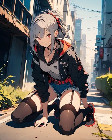  tactical anime-style adult female soldier wearing tactical gear with a fleshy, glamorous figure。 with short silver hair tied in a ponytail with a navy hair band 、 has red eyes 。Has an impatient expression。 equip it with black tactical armor over a gray ho...