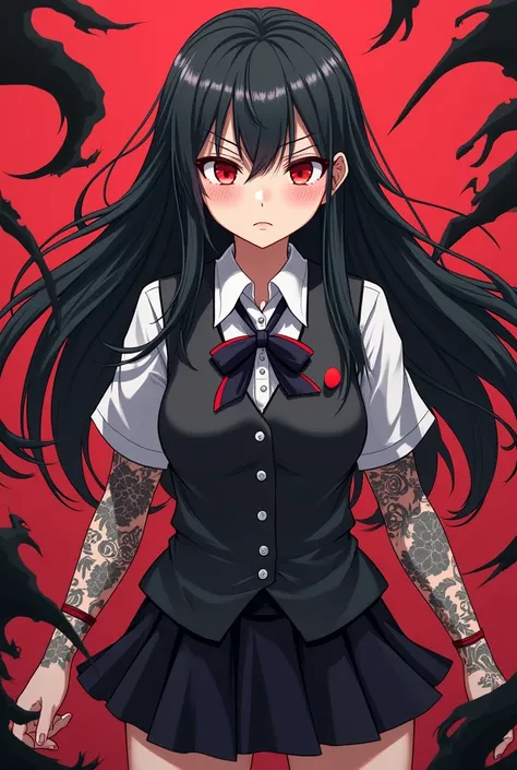  A Girl,  anime style, Bully girl , rebellious girl,  long black hair mini skirt blouse,  red eyes,  fair skin, women's schoolwear ,  black skirt,  arm tattoos.
