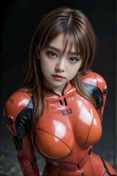 (      top quality,    masterpiece, 16k,      very well detailed 、       Beautiful Skin from Above   ,        professional lighting    )      girl   ,、｛((  Wear an Evangelion pilot costume、Eva plug suit 、  red plug suit   )))、(((  Japanese、 dark eyes、 midd...