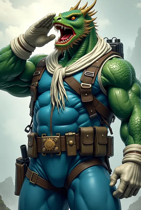 (A rugged beefy extremely muscular bulky snarling  green old chinese dragon), (wearing blue fully-zipped fullbody wetsuit), saluting, wearing bulky harness, wearing bulky scuba gear, wearing white hero scarf, muscular physique, toned muscles, fierce, heroi...