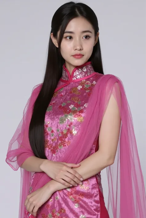 Chinese Cheongsam，Tang Sancai style，girl，Northern Europe，White skin，Extra long hair，Black Hair，Straight Hair
