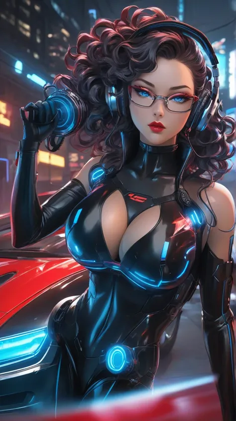  Cyborg female character with headphones and glasses futuristic transparent, Action scene shooting with your futuristic gun from inside the cyberpunk 2077 futuristic super car long curly hair color black, blue eyes red lips with black clothes red latex det...