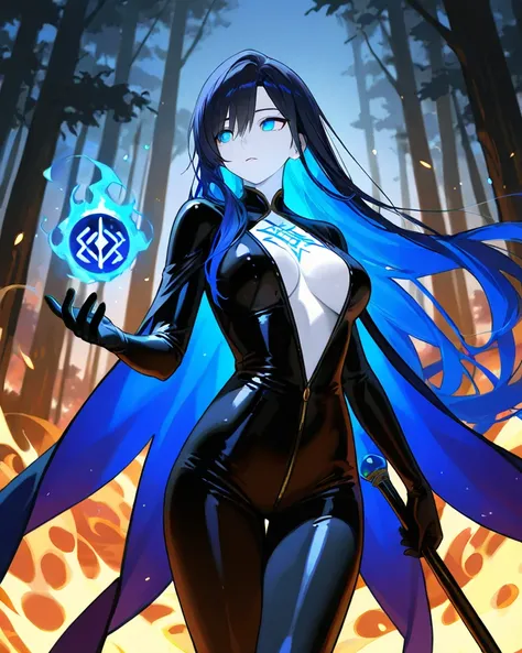 A powerful and sensual sorceress, female gender, pale skin illuminated by a violet aura, long black hair with blue highlights that floats like magic smoke. She wears a tight dark leather suit with golden details in the shape of glowing runes, a plunging ne...