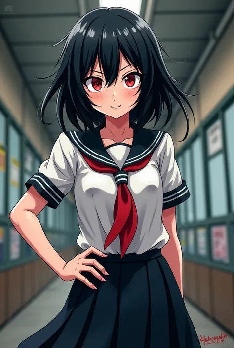  A Girl,  anime style, Bully girl ,  black hair,  red eyes,  fair skin, women's schoolwear ,  black skirt.
