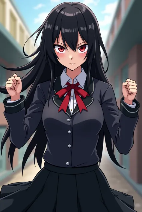  A Girl,  anime style, Bully girl ,  black hair,  red eyes,  fair skin, women's schoolwear ,  black skirt.
