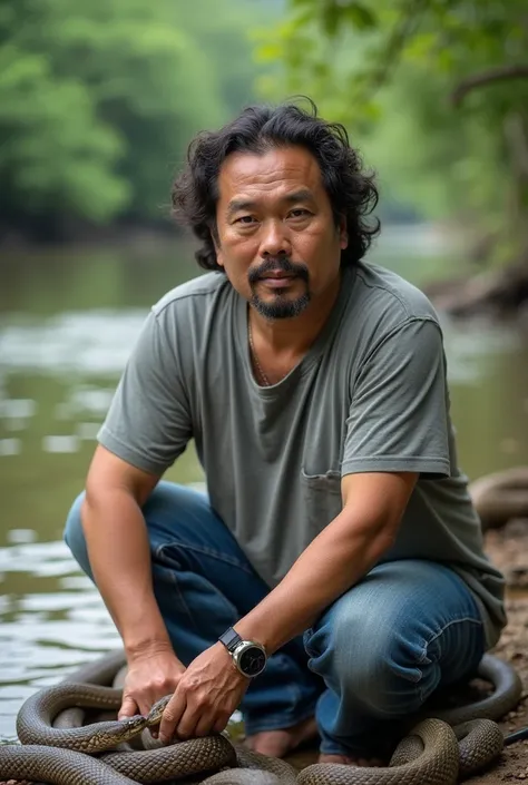  Indonesian man 40 years old ,  clean face ,  long curls ,rather chubby , put on ash ash t-shirt  , celana blue jeans, ,  Playing with snakes,looking at camera , background    ,riverbank ,reactionary photo , full hd 