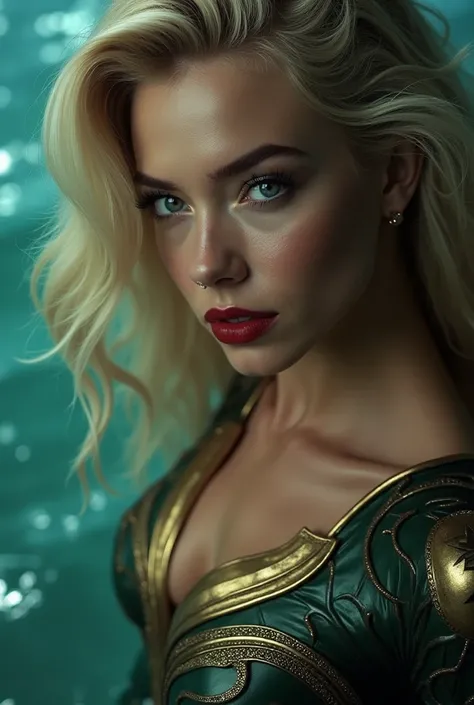 AMBER HEARD AQUAMAN, armadura mera,  deep red lips ,