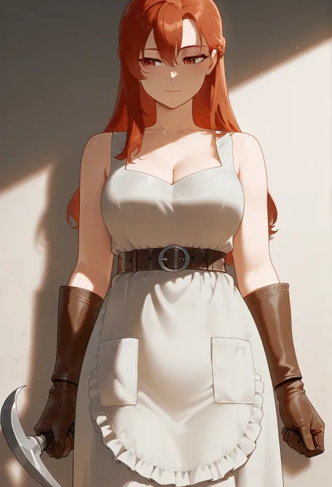 Simple linen dresses with leather belts, always with a worn apron and farming gloves. She carries a curved sickle, both for farming and protection. massive tits