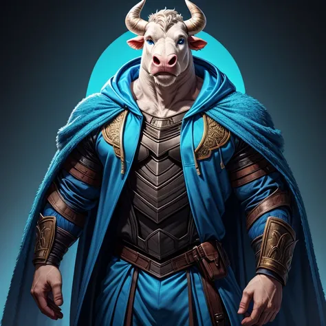 Thokker indigo blue costume  (   tall and large albino bull with blue eyes),   hooded jacket for men , , gentleman style   ,   dark armor, fluorescent blue horns,   fully dressed   